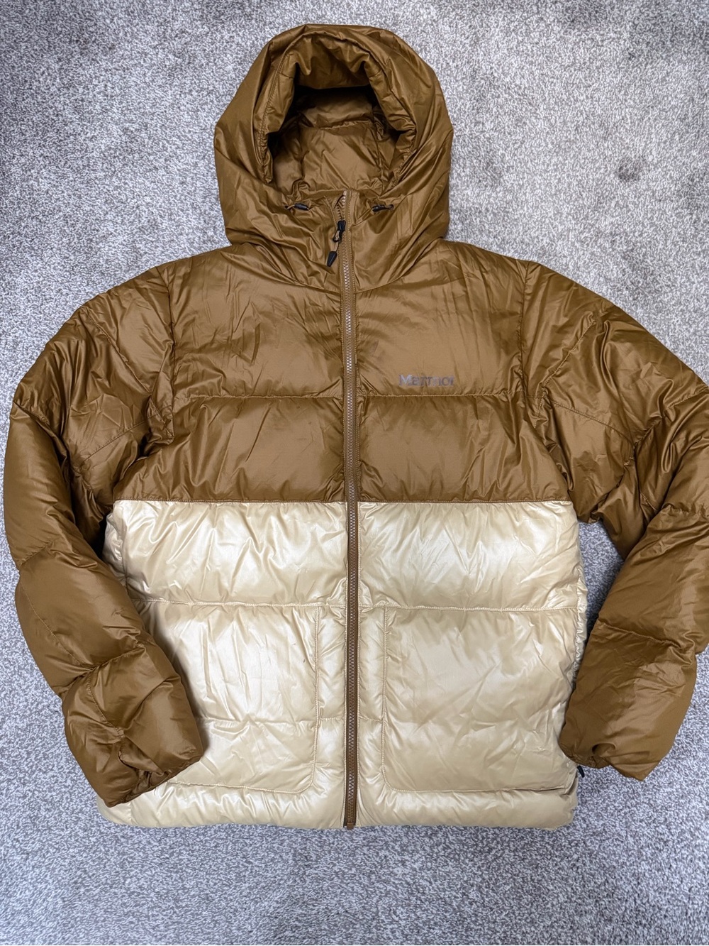 Marmot Two-Tone Hooded Puffer Jacket in Brown & Cream